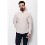 Dokulu Bej Rengi Slim Fit Yarım Patlı Hakim Yaka Erkek Gömlek - 2XL - Bej - Ekru