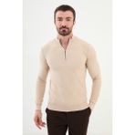 Dokulu Bej Slim Fit Fermuarlı Yarım Balıkçı Yaka Erkek Triko Kazak - XL
