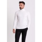 Dokulu Beyaz Renk Slim Fit Tam Balıkçı Yaka Erkek Kazak - Ekru