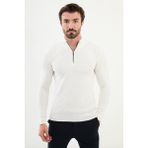 Dokulu Ekru Slim Fit Fermuarlı Yarım Balıkçı Yaka Erkek Triko Kazak - XL