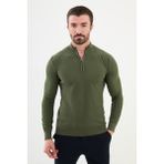 Dokulu Haki Slim Fit Fermuarlı Yarım Balıkçı Yaka Erkek Triko Kazak - XL