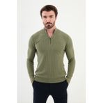 Dokulu Haki Slim Fit Fermuarlı Yarım Balıkçı Yaka Erkek Triko Kazak