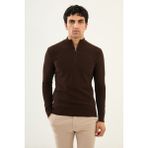 Dokulu Kahverengi Slim Fit Fermuarlı Yarım Balıkçı Yaka Erkek Triko Kazak - XL