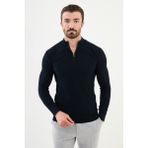 Dokulu Lacivert Slim Fit Fermuarlı Yarım Balıkçı Yaka Erkek Triko Kazak - 2XL