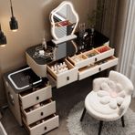 Dokunmatik LED Işıklı Ayna Ile Modern Vanity Masası 3 Renk Aydınlatma Modları 3 Çekmeceli Depolama Dolabı Ve Şarj İstasyonu Bej Yatak Odası Makyaj Vanity Masa