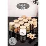 Dolkin Home 12'li Bambu Vakum Kapaklı Lüks Cam Baharatlık Seti Kaşıklı Şeffaf Etiketli Baharatlık Takımı 300 ml