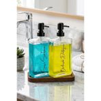 Dolkin Home 2 Adet 500 ml Cam Sabunluk Seti Ahşap Stantlı Etiket Hediyeli Lüks Sıvı Sabunluk & Deterjan Seti