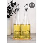 Dolkin Home 2li 1000 ml Bambu Standlı Ayçiçek Yağı ve Zeytinyağı Etiketli Yağlık Sıvı Yağ Şişesi Gümüş Tıpalı Cam Yağdanlık - Şeffaf - 1 lt