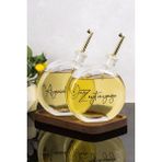 Dolkin Home 2li 500 ml Yağdanlık Ahşap Stantlı Gold Kapak Yuvarlak Cam Yağlık Zeytinyağı Ayçiçek Yağı Sosluk - Şeffaf