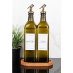 Dolkin Home 2li 750 ml Amber Cam Yağdanlık Ahşap Standlı Zeytinyağı ve Ayçiçek Yağı Etiketli Gold Tıpalı Yağlık