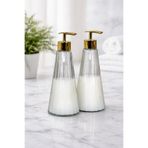 Dolkin Home 2'li Cam Sabunluk Seti Lüks Modern Çizgili Sabunluk Gold Başlıklı Banyo Düzenleyici 400 ml
