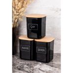 Dolkin Home 3lü 900ml Siyah Akrilik Çay Şeker Kahve Etiketli Saklama Kabı Ahşap Vakum Kapaklı Saklama Kutusu Set