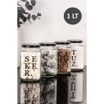 Dolkin Home 4'lü 1 Litre Dekoratif Cam Kavanoz Seti Çay Şeker Kahve Tuz Etiketli Metal Kapaklı Erzak Saklama Kabı - Şeffaf - 1 lt