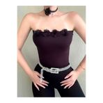 Doll Wear Butik Siyah Straplez Çiçek Detaylı Crop Top Bluz