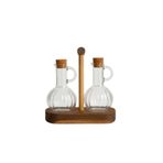 Dolphfin Premium Yağlık, Akasya Ağacı Stantlı, 300+300 ml Kapasiteli, Modern Tasarım, Cam Yağ ve Sirke Şişesi Seti