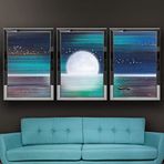 Dolunay Deniz Kuşlar ve Kayık_ Temalı Aynalı Çerçeveli 3 lü Kanvas Tablo Seti 150x70 cm