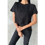 Domoda %100 Pamuk Aplike Kurdeleli Siyah Crop Boxy Kadın Bisiklet Yaka Kısa Kol Bluz Tişört @Novara