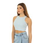 Domoda Crop Halter Yaka Kaşkorse Örme Fitilli Atlet - L - Mavi