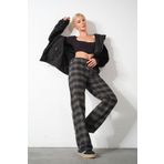 Domoda Haki Ekoseli Flanel Yüksek Bel Pijama Altı Rahat Kesim Geniş Paça Pamuklu Kadın Pantolon