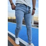 DOPPİO'N DENİM Erkek Buz Mavi Slim Fit Dar Paça Lazerli Kot Pantolon