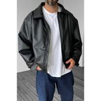 DOPPİO'N DENİM Erkek Siyah Oversize Vintage Deri Ceket