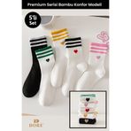 Dore Orijinal Kadın 5'li Set Yumuşacık Bambu 4 Mevsim Kalpli Çizgili Tenis Kolej Premium Çorap 5 Çift