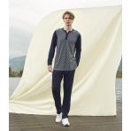 Doreanse 4543 Lacivert Desenli Düğmeli Yaka Uzun Kol T-Shirt Erkek Pijama Takımı