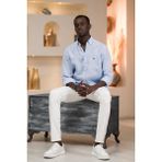 Dorss Slimfit %100 Linen (Ham Keten) Uzun Kol Yaka Düğmeli Yazlık Gömlek - 2XL - Buz Mavisi