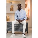 Dorss Slimfit%100 Linen (Ham Keten) Uzun Kol Yaka Düğmeli Yazlık Gömlek BUZ MAVİSİ XXL