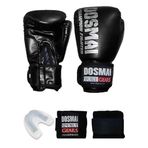 Dosmai Champion Fighter Boks Kick Boks Muay Thai Eldiveni Seti Boks Eldiveni Bandaj Ve Dişlik 3’lü Set (SİYAH, 12 Oz)