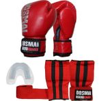 Dosmai Üçlü Boks Kick Boks Muay Thai Eldiveni Bandajlı Eldiven Ve Dişlik Seti Kmp995 - Kırmızı - 12 oz