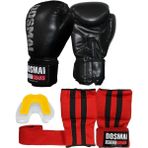 Dosmai Üçlü Boks Kick Boks Muay Thai Eldiveni Bandajlı Eldiven Ve Dişlik Seti Kmp995 - Siyah - 8 oz
