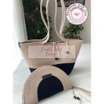 Double Knot Design Bailey 2li Takım Plaj Çantası , El Çantası Clutch, Totebag, Kadın Çanta, Yazlık, Hediyelik, hasır Jüt Tress - Siyah - Krem