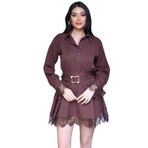 Double Kumaş Dantel Detaylı Gömlek Elbise, Kemerli, Uzun Kollu, Siyah ve Kahverengi (Kahverengi, Large)