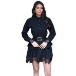 Double Kumaş Dantel Detaylı Gömlek Elbise, Kemerli, Uzun Kollu, Siyah ve Kahverengi (Siyah, Medium)