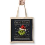 Dr Seuss The Grinch Christmas Knit Pattern Bez Çanta Uzun Saplı - Açık Bej - 40 X 40