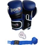 Dragon Attack 6 Boks Eldiveni Kick Boks Muay Thai Boks Eldiveni Bandaj ve Dişlik 3'lü Set - 12 oz - Mavi