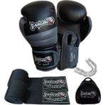 DragonDo Attack 6 Muay Thai Kick Boks Eldiveni Seti 12 oz Suni Deri Bandaj ve Dişlik ile Unisex - Siyah
