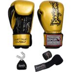 DragonDo Dragon Attack 5 Plus Pro Boks Eldiveni 3'lü Set Kick Boks Muay Thai Boks Eldiveni Bandaj ve Dişlik - Altın - 8 oz