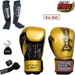 DragonDo Dragon Attack 5 Plus Profesyonel Boks Eldiveni 4'lü Set Boks Eldiveni Kaval Koruyucu Bandaj Dişlik - Altın - 8 oz