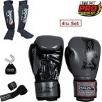 DragonDo Dragon Attack 5 Plus Profesyonel Boks Eldiveni 4'lü Set Boks Eldiveni Kaval Koruyucu Bandaj Dişlik - Gri - 10 oz