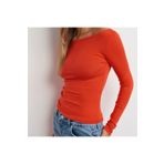 Drappe Kayık Yaka Uzun Kollu Basic T-Shirt Kırmızı 2XL