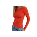Drappe Kayık Yaka Uzun Kollu Basic T-Shirt Kırmızı S