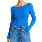 Drappe Kayık Yaka Uzun Kollu Basic T-Shirt Mavi L/XL