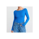 Drappe Kayık Yaka Uzun Kollu Basic T-Shirt Mavi S