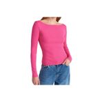 Drappe Kayık Yaka Uzun Kollu Basic T-Shirt Pembe M