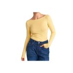 Drappe Kayık Yaka Uzun Kollu Basic T-Shirt Sarı L