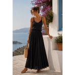 Dream Style Kadın Vual Kumaş Kırışık Beli Lastikli Uzun Astarlı Etek - Siyah