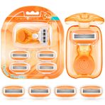DreamGenius Saklama Kutulu Kadınlar için Seyahat Jiletleri, Taşınabilir 5 Bıçaklı Mini Tıraş Bıçağı, 1 Saplı ve 5 Kartuşlu, Seyahat Boyu Kadınlar için Tuvalet Malzemeleri, Turuncu