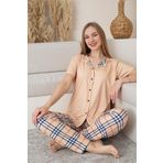 Dreamy Milan Kısa Kollu Ekose Kareli Düğmeli Gömlek Pijama Takımı, Somon, M